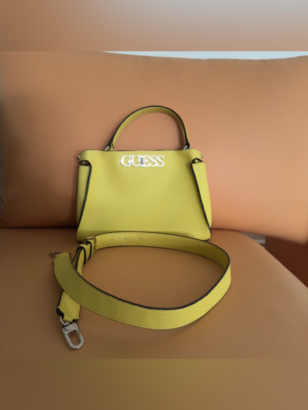 Guess Women's Uptown Chic Large Turnlock Satchel - Yellow *Stained on the back* - Picture 2 of 11